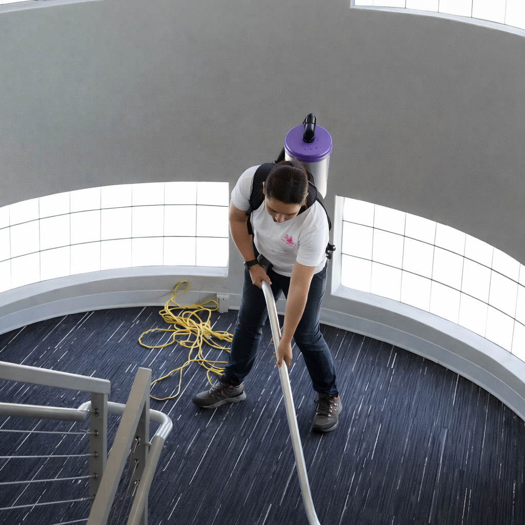 Vacuuming a modern curved commercial space